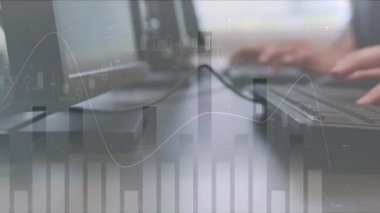 Animation of financial data processing over person using laptop. Global business, technology, data processing and digital interface concept digitally generated video.