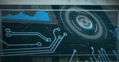 Animation of digital scope over server room. Global science, connections, data processing and digital interface concept digitally generated video.