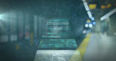 Animation of multiple screens with data processing and qr code scanner over train at train station. Computer interface and business technology concept