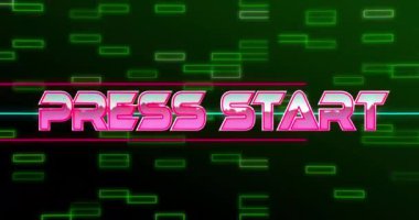 Animation of press stars over dark green background with neon green rectangles. Video games and technology concept digitally generated video.