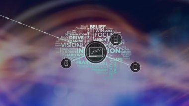 Animation of network of connections with icons over brain with texts on blurred background. Global technology, connections and digital interface concept digitally generated video.