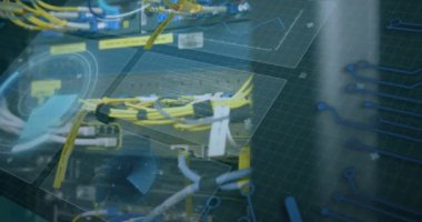 Animation of digital interface and data processing over server room. Global business, finances, data processing and digital interface concept digitally generated video.