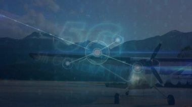 Animation of network of connections with 5g text over landscape and plane. Global business and digital interface concept digitally generated video.