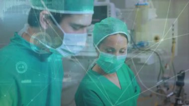 Animation of connections over team of diverse surgeons during operation. Health, medicine, connections and technology concept digitally generated video.