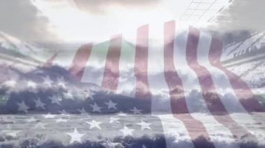 Composite video of waving american flag over waves in the sea against sports stadium. National sports event and tournament concept
