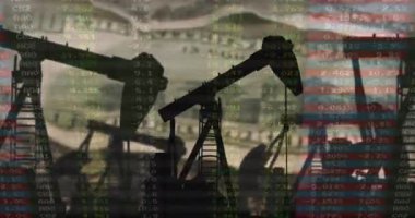 Animation of pump jacks over money and data. Oil business, energy, transport, finance and economy concept digitally generated video.