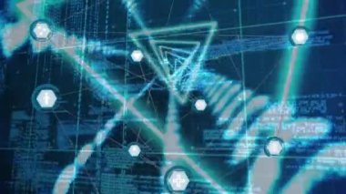 Animation of network of connections and neon tunnel over data processing. Global technology, computing and digital interface concept digitally generated video.