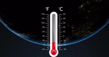 Animation of digital thermometer over globe. Global technology, computing and digital interface concept digitally generated video.