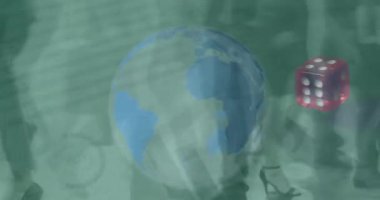 Animation of data processing and dice over time-lapse of people walking on the street against globe. Business data and analytics technology concept