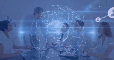 Animation of shapes with icons over diverse business people in office. Global business and digital interface concept digitally generated video.