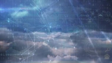 Animation of network of connections over cloudy background. global connections, business, digital interface, technology and networking concept digitally generated video.