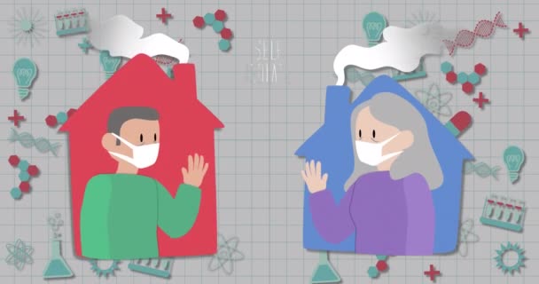 Animation Self Isolated Two People Wearing Face Masks Global Covid — Wideo stockowe