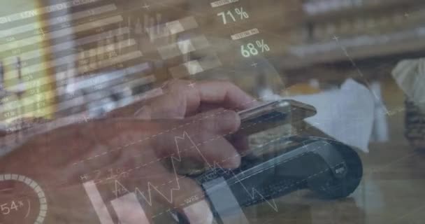 Animation Statistics Financial Data Processing Caucasian Man Paying Smartphone Global — Stockvideo