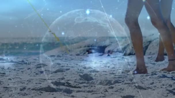 Animation Globe Rays Caucasian Friends Playing Sand Sunny Beach Digital — Video Stock
