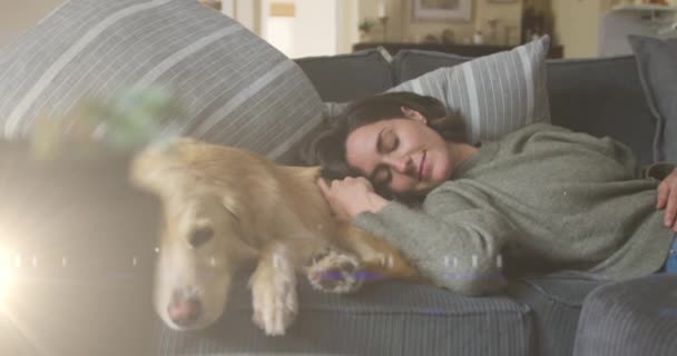 Spot Light Caucasian Woman Sleeping Her Dog Couch Home National — Stockvideo