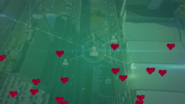 Animation Red Hearts Network Connections People Icons Global Social Media — Wideo stockowe