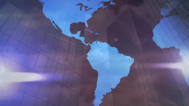 Анімація Світової Карти Над Міським Пейзажем Глобальна Наука Язки Обробка — стокове відео