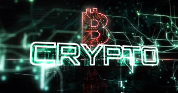 Animation Crypto Text Bitcoin Icon Computer Circuit Board Black Background — Vídeos de Stock