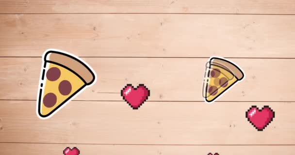 Multiple Red Heart Floating Pizza Slice Icons Spinning Wooden Background — Wideo stockowe