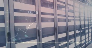 Animation of graphs and numbers over servers. Global network, connections, communication, data processing, finance and technology concept digitally generated video.
