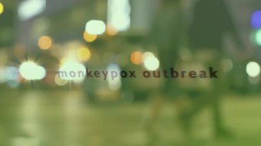 Animation of monkey pox outbreak over blurred cityscape. Monkey pox, health and pandemic concept digitally generated video.