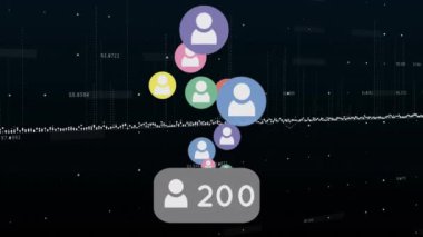 Animation of social media reactions over financial data on black background. finance, economy, technology, social media and digital interface concept digitally generated video.