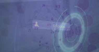 Animation of social media notifications over data processing and interference on blue background. Global communication network, business and social media concept digitally generated video.