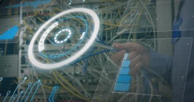 Animation of digital interface over caucasian server room worker. Global science, connections, data processing and digital interface concept digitally generated video.