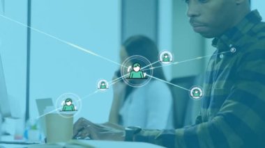 Animation of network of connections over diverse business people using phone headsets. global business, connections, networks and communication concept digitally generated video.