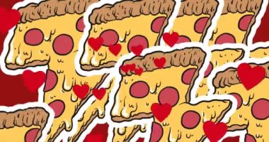 Multiple red heart icons floating against multiple pizza slice icons on red background. national pizza day awareness concept