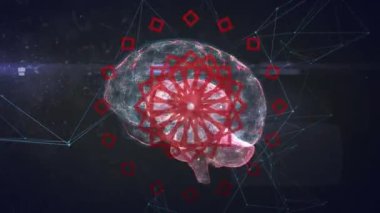 Animation of digital screen with brain, connections and red shapes. Data processing, network, connections and digital interface concept digitally generated video.