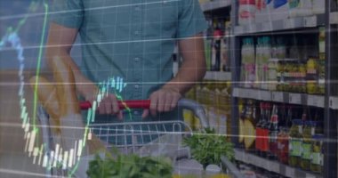 Animation of financial data processing over shopping cart. Global finances, connections, data processing and digital interface concept digitally generated video.