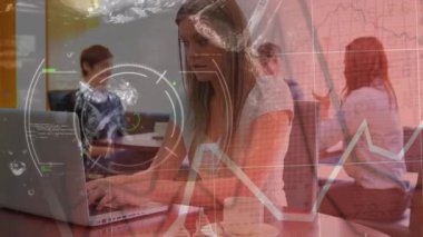 Animation of financial data processing over caucasian woman using laptop. Global business, technology, data processing and digital interface concept digitally generated video.