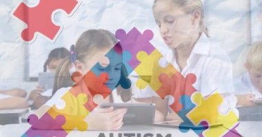 Animation of autism awareness month text over diverse schoolchildren using tablet. autism awareness month and celebration concept digitally generated video.