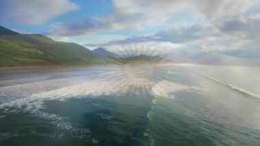 Composite video of waving argentina flag against aerial view of beach and sea waves. National tourism and travel concept