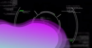 Animation of viewfinder, purple shape and data on black background. Data, network and digital interface concept digitally generated video.