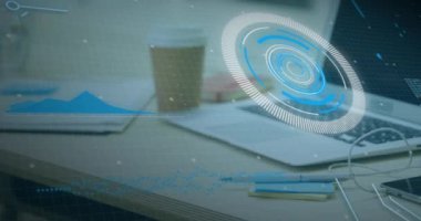 Animation of digital interface and data processing over laptop. Global business, finances, data processing and digital interface concept digitally generated video.
