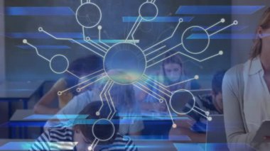 Animation of network of connections over students in classroom. education and learning concept digitally generated video.