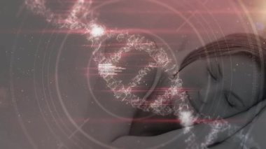 Animation of data processing with dna strand over caucasian woman sleeping. Global technology, computing and digital interface concept digitally generated video.