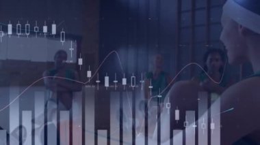 Animation of financial data processing over diverse basketball players. global business, sport and data processing concept digitally generated video.