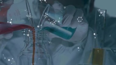 Animation of molecules over caucasian scientist in lab. global science, computing and digital interface concept digitally generated video.