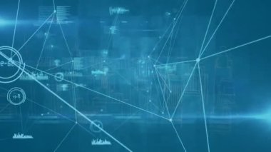 Animation of network of connections over 3d cityscape spinning on blue background. global connections and development concept digitally generated video.