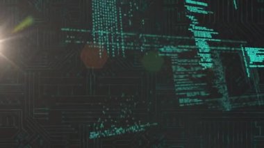 Digital animation of computer language moving against electronic circuit board patterns. Hologram, digitally generated, multiple exposure, database, coding, connection and technology concept.