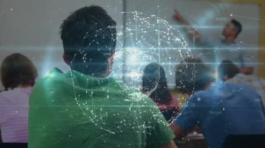 Animation of globe and network of connections over diverse students. global education, connections, networks and communication concept digitally generated video.