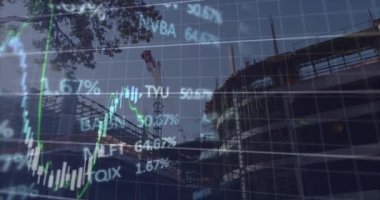 Animation of financial data and graphs over city buildings. Global finance, economy and technology concept digitally generated video.