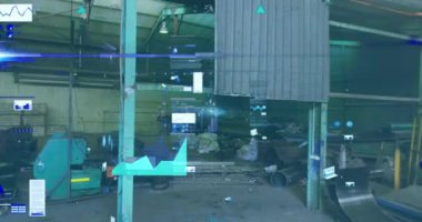 Animation of data processing on graphs and charts over industrial factory interior. Global communication, business, data and digital interface concept digitally generated video.
