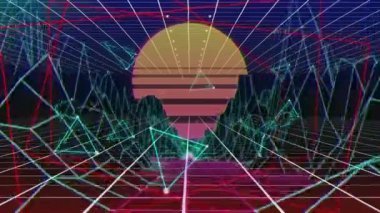 Animation of moving shapes over digital mountains and sun. Global business and digital interface concept digitally generated video.