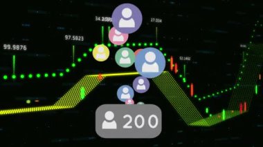 Animation of social media reactions over financial data on black background. finance, economy, technology, social media and digital interface concept digitally generated video.