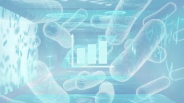 Animation of virus cells, graph and digital screens in blue space. Science, medicine, pandemic, data and technology concept digitally generated video.