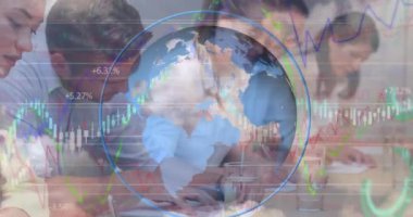 Animation of financial data processing over businesses people. global business, finances, data processing and digital interface concept digitally generated video.